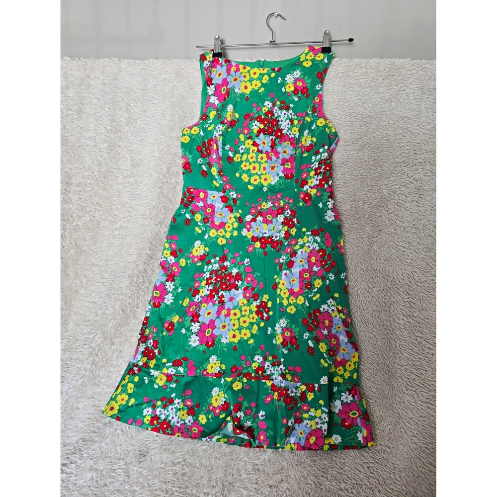 Talbots A-Line Dress Womens 6 Green Floral Sleeveless Lined Ruffle Hem